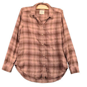 American Eagle Women's Amazingly Soft Boyfriend Fit Button Up Shirt Brown Pink S